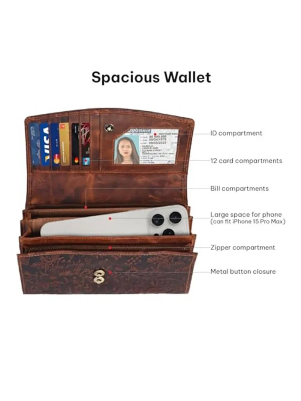 Womens Leather Wallet RFID Blocking Cognac Floral Embossed Bifold Card Organizer